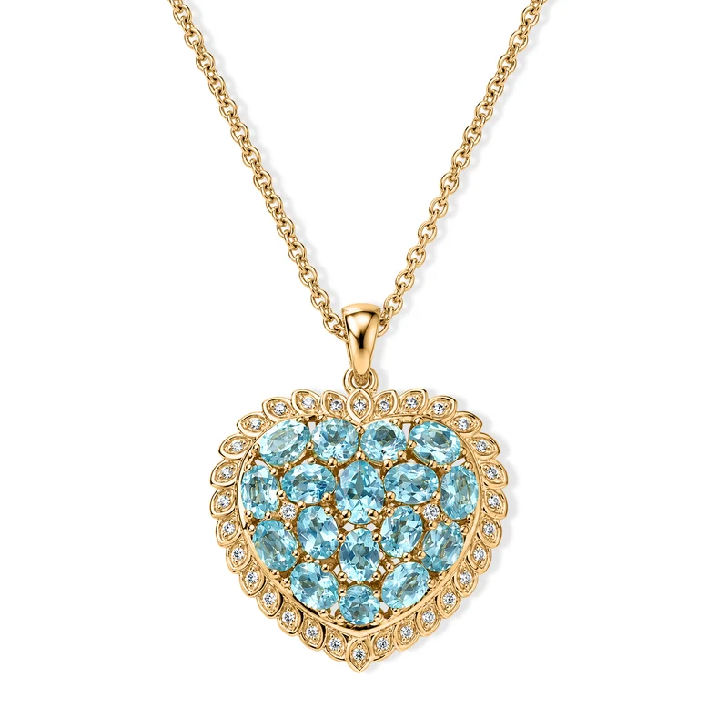 EverTrue AA Batroke blauer Apatit und Zirkon Anhänger mit 50cm Edelstahl Kette, Bronze mit Gelbgold E-Beschichtung - 3,78 ct.