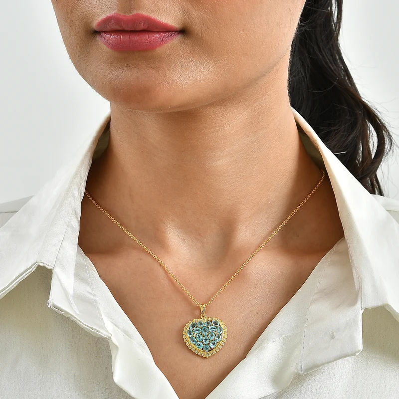 EverTrue AA Batroke blauer Apatit und Zirkon Anhänger mit 50cm Edelstahl Kette, Bronze mit Gelbgold E-Beschichtung - 3,78 ct.