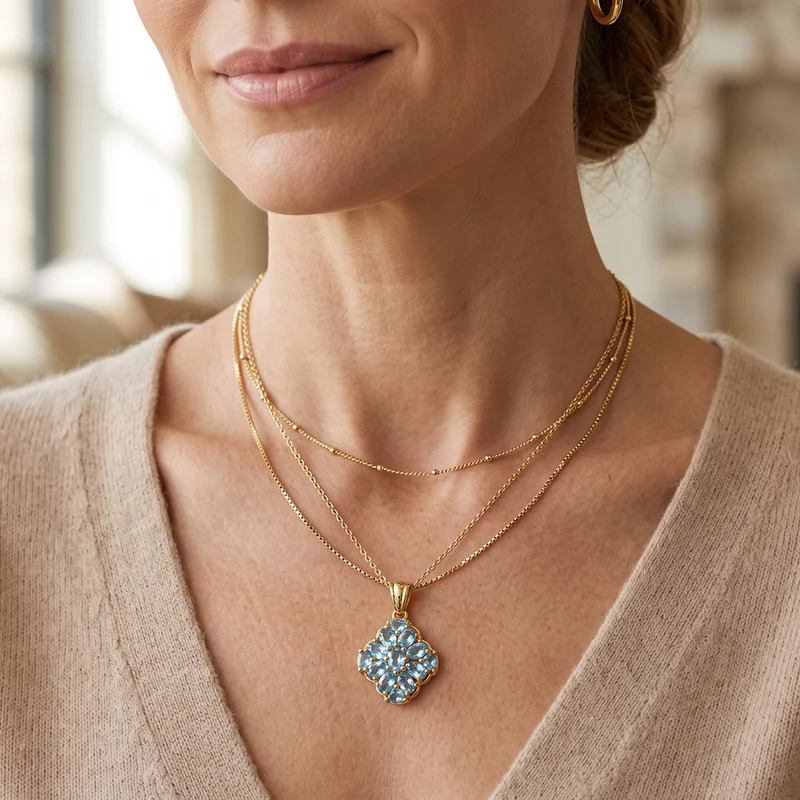 EverTrue AA blauer Apatit Anhänger mit 50cm Edelstahl Kette, Bronze mit Gelbgold E-Beschichtung - 3,06 ct.