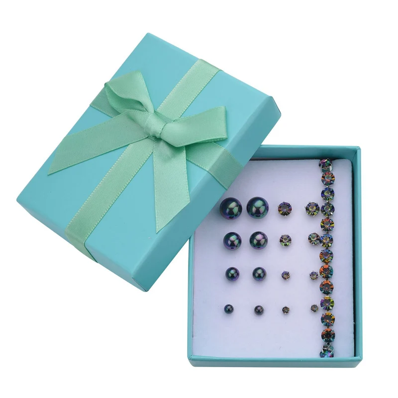 9-teiliges Schmuckset mit 4 Paar Weißen Muschelkernperle Ohrsteckern, 4 Paar Kristall-Ohrringen und Tennisarmband, 20,3 + 3,8 cm, ca. 55.00 ct