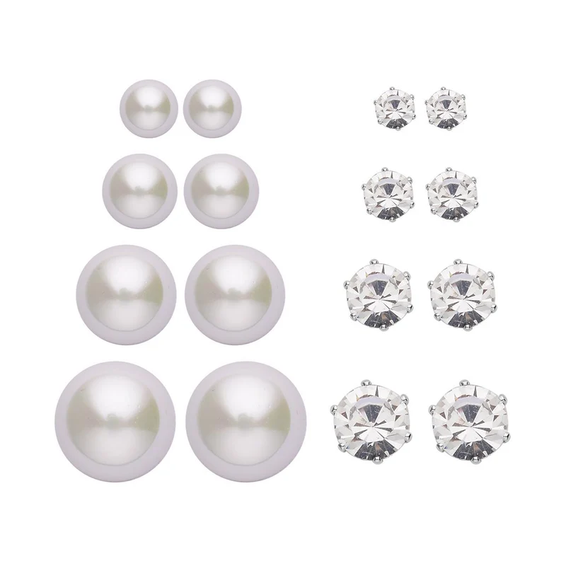 9-teiliges Schmuckset mit 4 Paar Weißen Muschelkernperle Ohrsteckern, 4 Paar Kristall-Ohrringen und Tennisarmband, 20,3 + 3,8 cm, ca. 55.00 ct