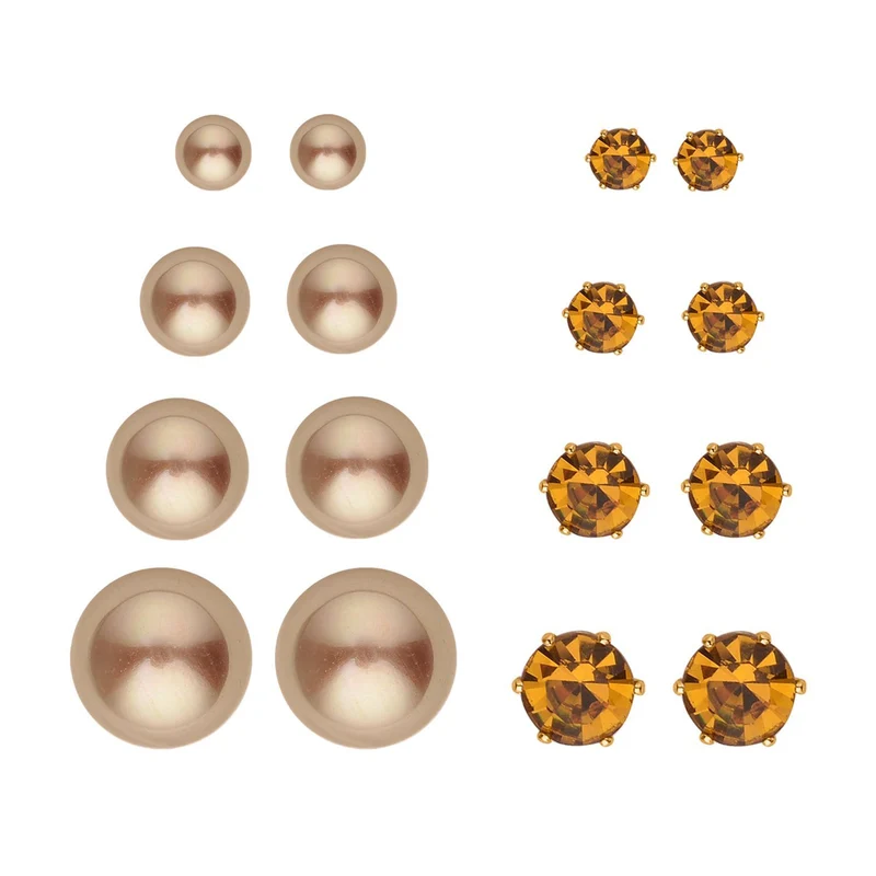 9-teiliges Schmuckset mit 4 Paar Weißen Muschelkernperle Ohrsteckern, 4 Paar Kristall-Ohrringen und Tennisarmband, 20,3 + 3,8 cm, ca. 55.00 ct