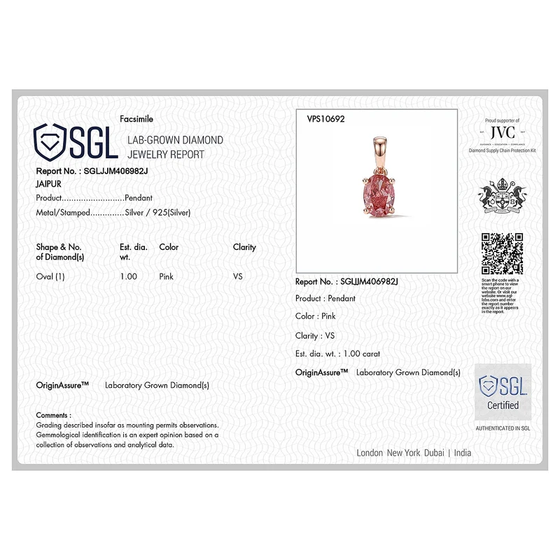 LUXURIANT zertifizierter und geprüfter VS-EF SGL zertifizierter Labor rosa Diamant Anhänger mit 45cm Kette, 925 Silber 750 Roségold Vermeil -(10-15 Werktage Lieferzeit) 1,04 ct.