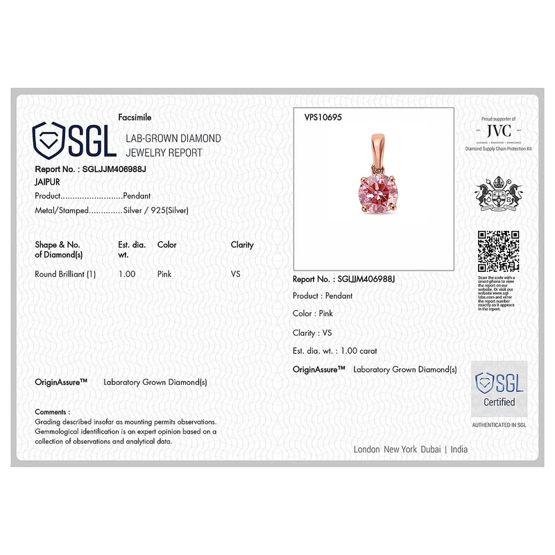 LUXURIANT zertifizierter und geprüfter VS-EF SGL zertifizierter Labor rosa Diamant Anhänger mit 45cm Kette, 925 Silber 750 Roségold Vermeil -(10-15 Werktage Lieferzeit) 1,04 ct.