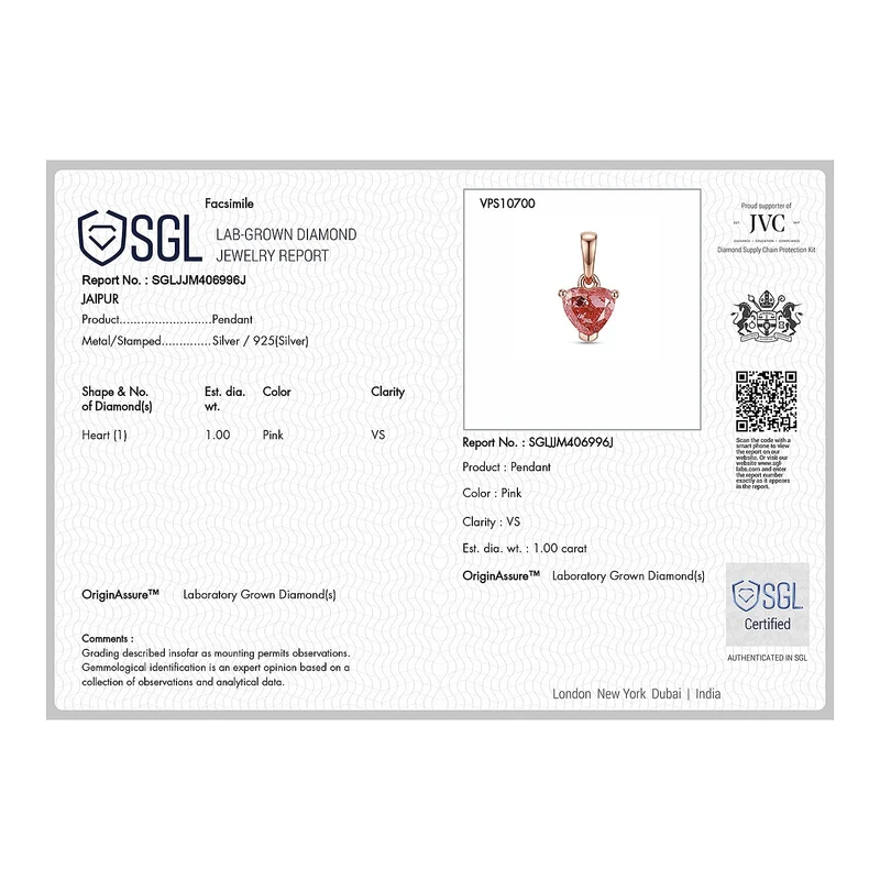 LUXURIANT zertifizierter und geprüfter VS-EF SGL zertifizierter Labor rosa Diamant Anhänger mit 45cm Kette, 925 Silber 750 Roségold Vermeil -(10-15 Werktage Lieferzeit) 1,04 ct.