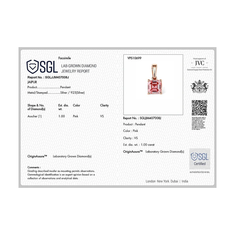 LUXURIANT zertifizierter und geprüfter VS-EF SGL zertifizierter Labor rosa Diamant Anhänger mit 45cm Kette, 925 Silber 750 Roségold Vermeil -(10-15 Werktage Lieferzeit) 1,04 ct.