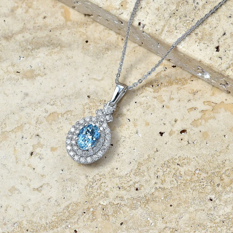 D'Joy AA Santamaria Aquamarin, Moissanit AGI zertifiziert Schmuckset (10-15 Werktage Lieferzeit) ca. 50 cm 925 Silber Rhodiniert ca. 1,44 ct.
