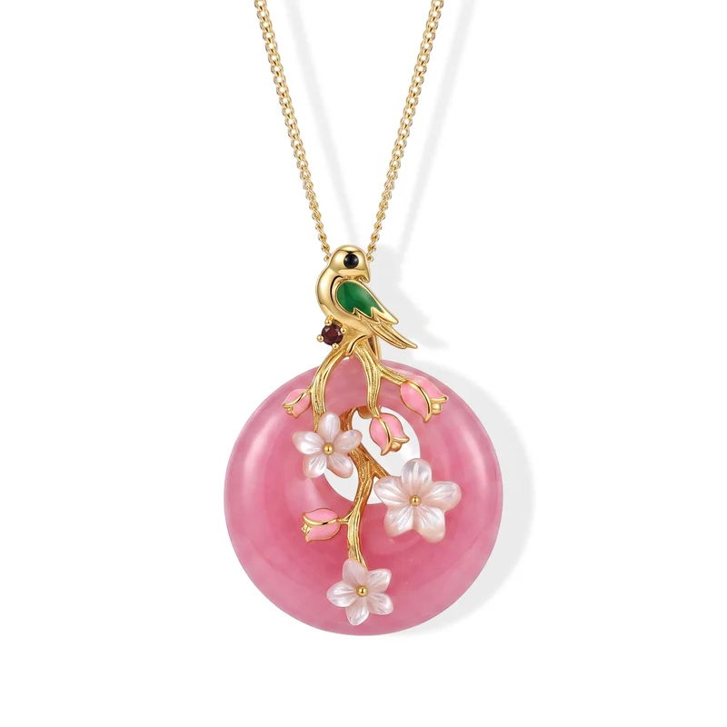 JARDIN KOLLEKTION D'Joy gefärbter rosa Jade, roter Granat und schwarzer Spinell Anhänger mit 45cm Kette, 925 Silber vergoldet - 32,32 ct.