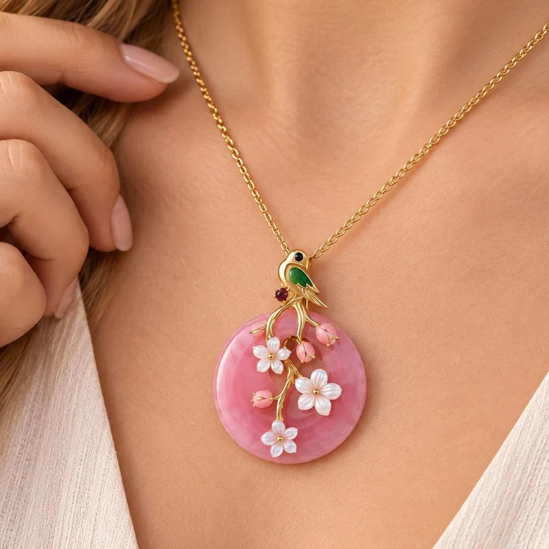 JARDIN KOLLEKTION D'Joy gefärbter rosa Jade, roter Granat und schwarzer Spinell Anhänger mit 45cm Kette, 925 Silber vergoldet - 32,32 ct.