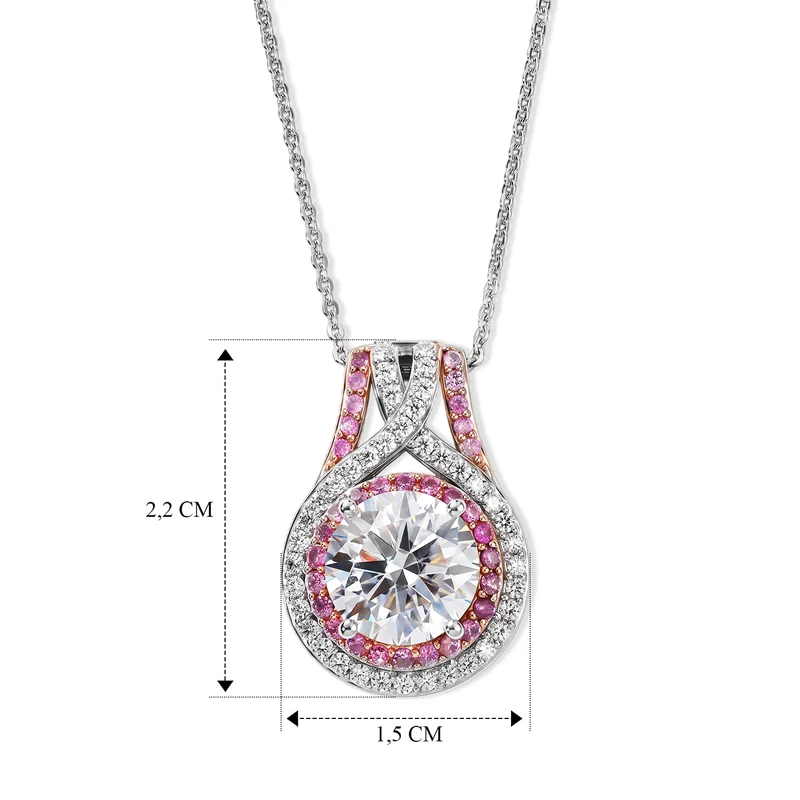 D'Joy Moissanit und rosa Saphir Anhänger mit 50cm Kette, 925 Silber rhodiniert und 750 Roségold Vermeil - 3,23 ct.