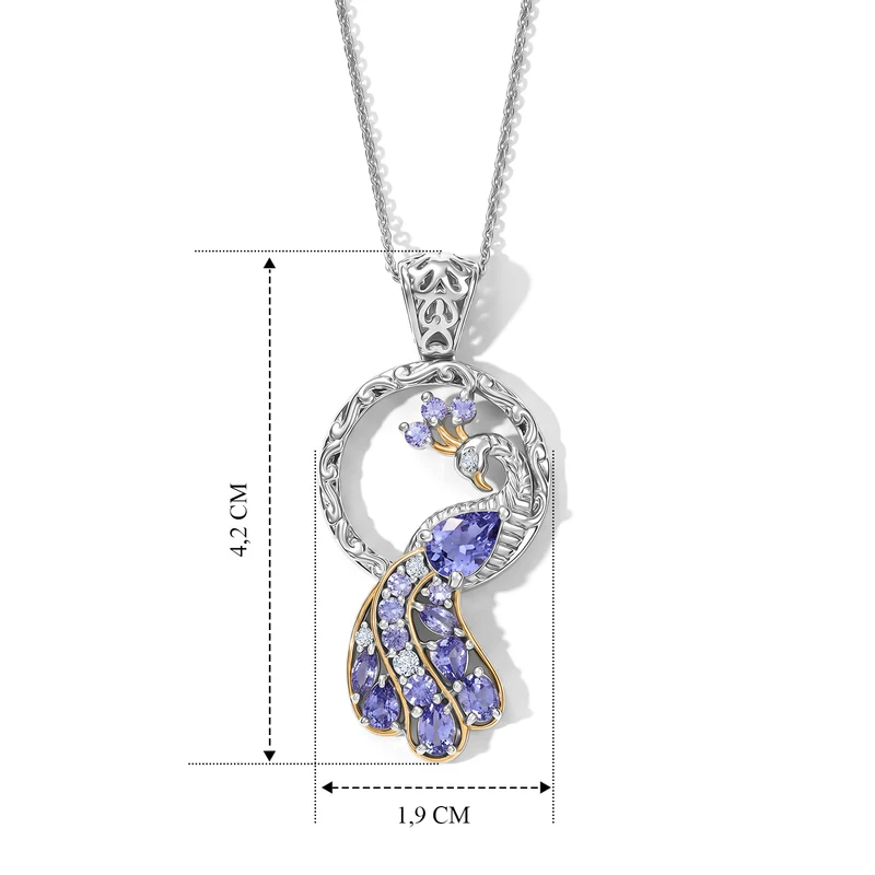 D'Joy Tansanit und Zirkon Anhänger mit 50cm Kette, 925 Silber rhodiniert und 750 Gelbgold Vermeil - 1,98 ct.