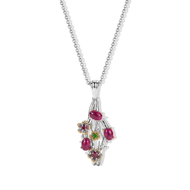 EverTrue AA afrikanischer Rubin, Rhodolith Granat und Chromdiopsid Anhänger mit 50cm Edelstahl Kette, Bronze mit Platin E-Beschichtung - 2,71 ct.