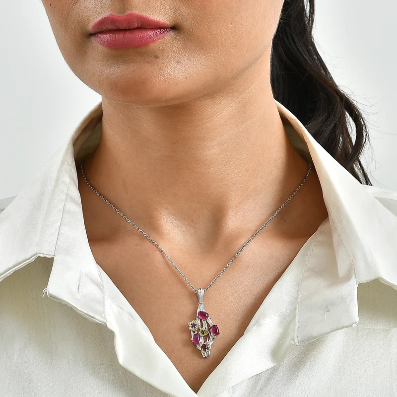 EverTrue AA afrikanischer Rubin, Rhodolith Granat und Chromdiopsid Anhänger mit 50cm Edelstahl Kette, Bronze mit Platin E-Beschichtung - 2,71 ct.