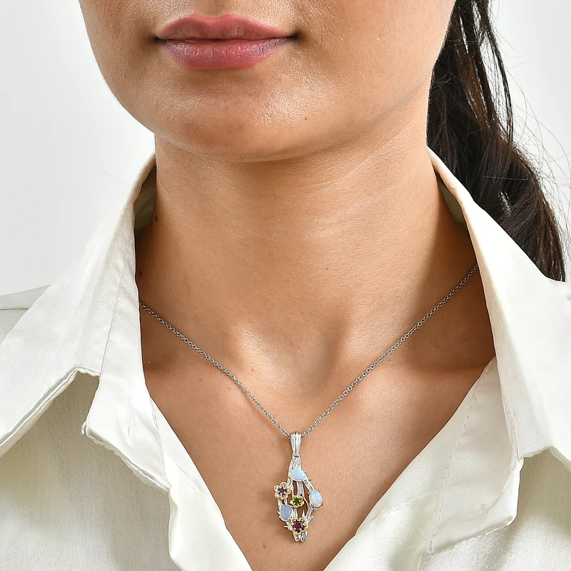 EverTrue AA afrikanischer Rubin, Rhodolith Granat und Chromdiopsid Anhänger mit 50cm Edelstahl Kette, Bronze mit Platin E-Beschichtung - 2,71 ct.