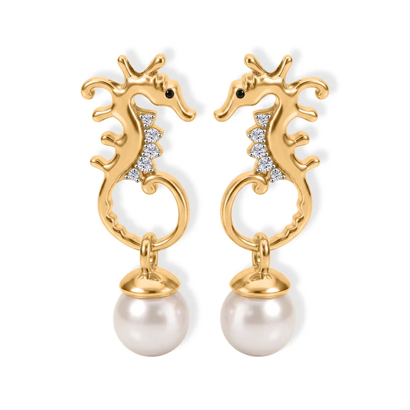 GP - Süßwasser Perle (8 mm), Weißer Zirkon Ohrringe 925 Silber 750 Gelbgold vermeil