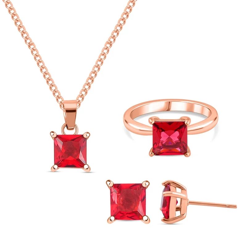 3er Set - Roter Zirkonia Ring, Anhänger und Ohrringe Schmuckset (Größe 17.00), Reiner Edelstahl, rosevergoldet