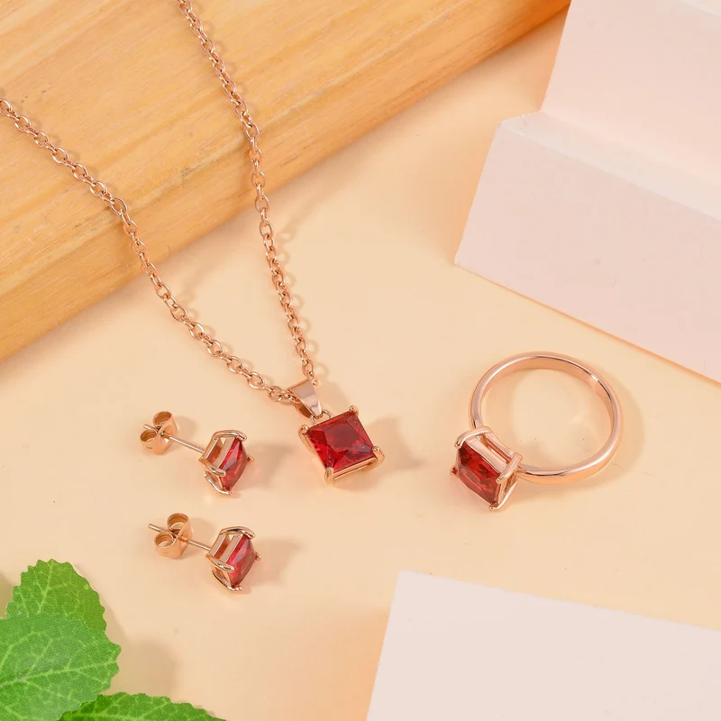 3er Set - Roter Zirkonia Ring, Anhänger und Ohrringe Schmuckset (Größe 17.00), Reiner Edelstahl, rosevergoldet