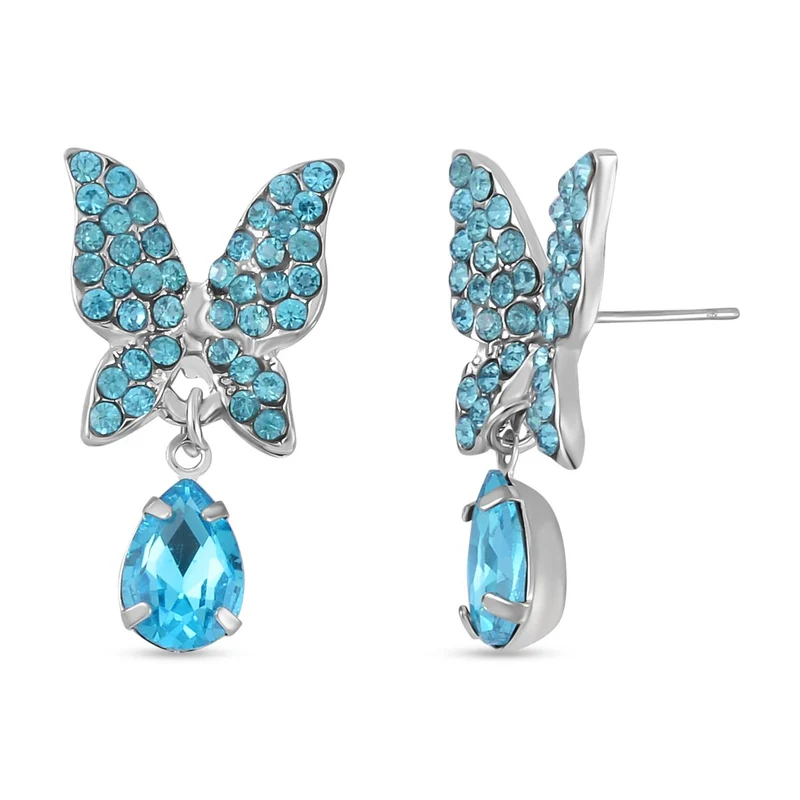Blauer Kristall Schmetterling Ohrringe, silberfarben
