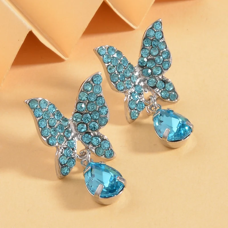 Blauer Kristall Schmetterling Ohrringe, silberfarben