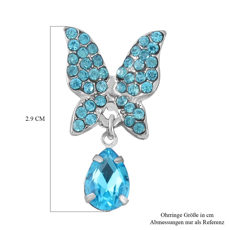 Blauer Kristall Schmetterling Ohrringe, silberfarben