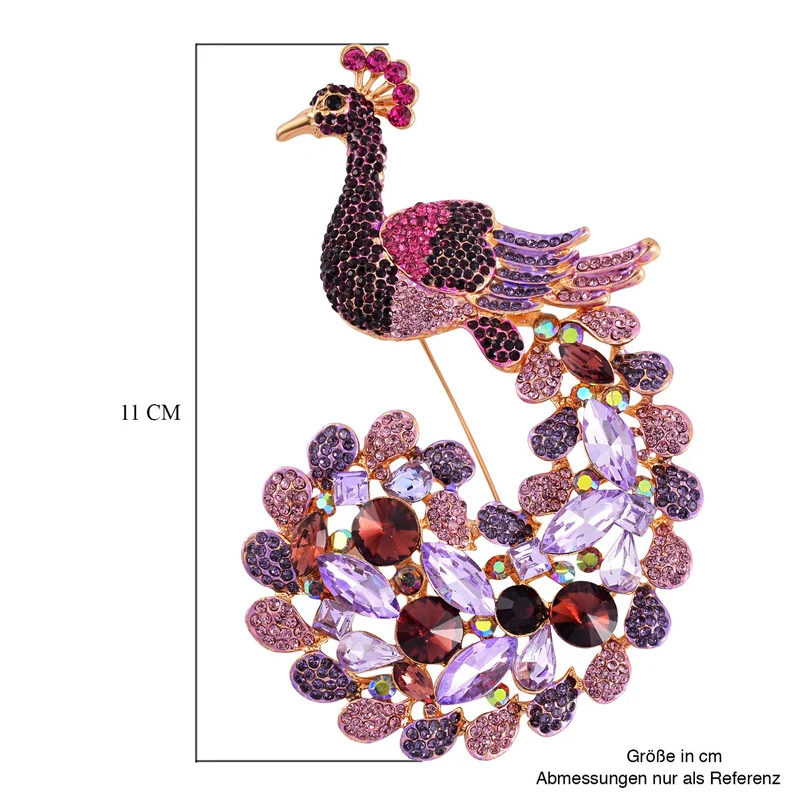 Mehrfarbiger Pfau Kristall Brosche, emailliert, Rosa