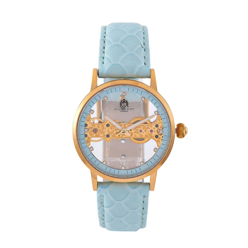 William Hunt Automatik-Uhr, Edelstahlgehäuse, Hohles Zifferblatt mit weißen Kristallen, rosa Lederarmband, 5ATM wasserdicht