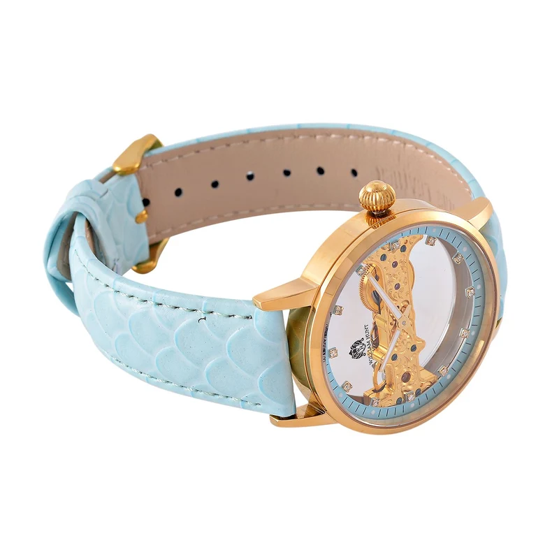 William Hunt Automatik-Uhr, Edelstahlgehäuse, Hohles Zifferblatt mit weißen Kristallen, rosa Lederarmband, 5ATM wasserdicht