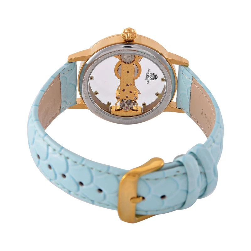 William Hunt Automatik-Uhr, Edelstahlgehäuse, Hohles Zifferblatt mit weißen Kristallen, rosa Lederarmband, 5ATM wasserdicht