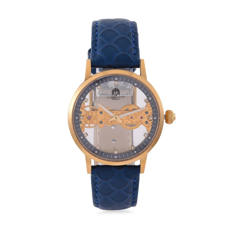 William Hunt Automatik-Uhr, Edelstahlgehäuse, Hohles Zifferblatt mit weißen Kristallen, rosa Lederarmband, 5ATM wasserdicht