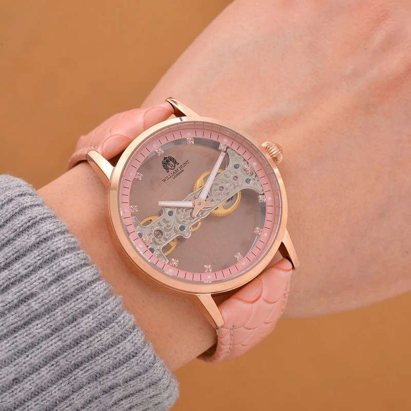 William Hunt Automatik-Uhr, Edelstahlgehäuse, Hohles Zifferblatt mit weißen Kristallen, rosa Lederarmband, 5ATM wasserdicht