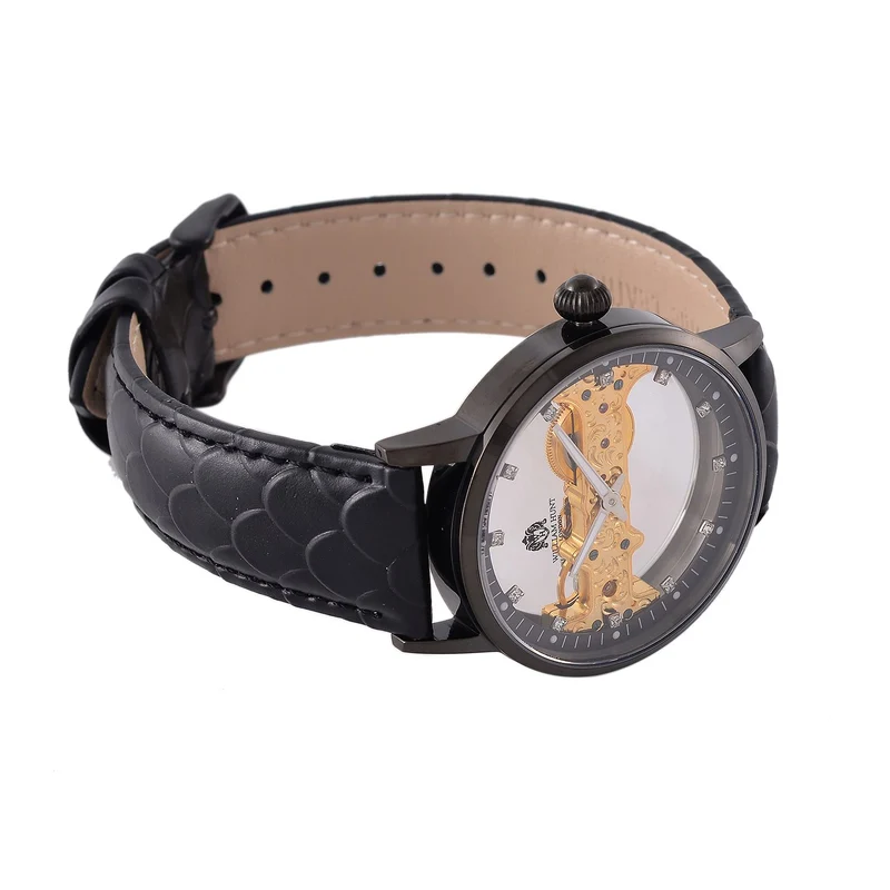 William Hunt Automatik-Uhr, Edelstahlgehäuse, Hohles Zifferblatt mit weißen Kristallen, rosa Lederarmband, 5ATM wasserdicht