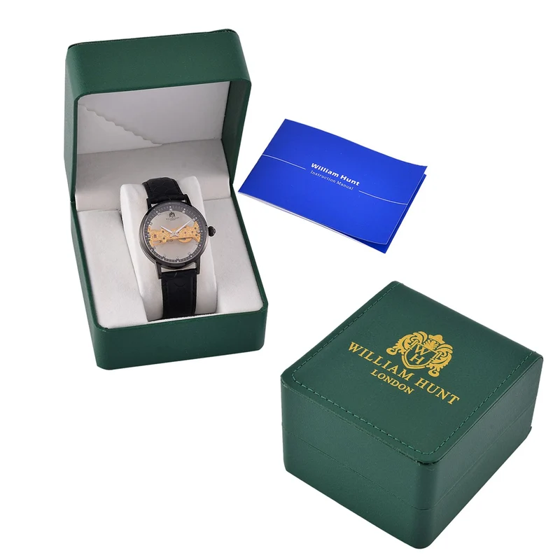 William Hunt Automatik-Uhr, Edelstahlgehäuse, Hohles Zifferblatt mit weißen Kristallen, rosa Lederarmband, 5ATM wasserdicht