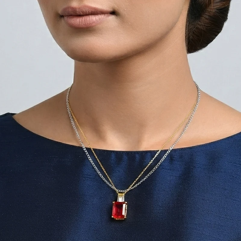 D'Joy Rubin Feuer Triplett Quarz und Zirkon Anhänger mit 50cm Kette, 925 Silber 750 Gelbgold Vermeil - 6,87 ct.