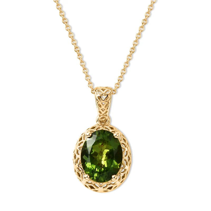 D'Joy natürlicher grüner Apatit Anhänger mit 50cm Kette, 925 Silber 750 Gelbgold Vermeil - 2,43 ct.