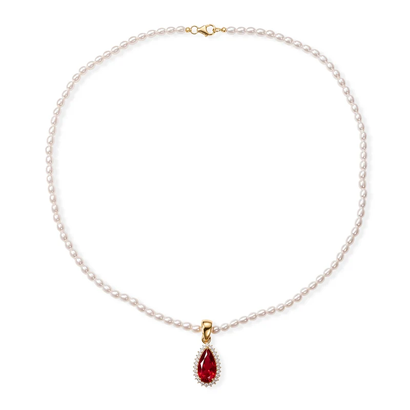 D'Joy Rubin Feuer Triplett Quarz, Zirkon und Perle Anhänger mit 50cm Kette, 925 Silber 750 Gelbgold Vermeil