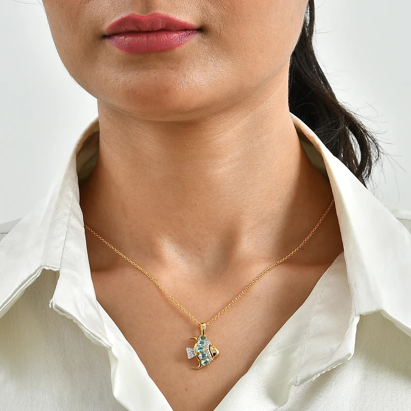 D'Joy AA blauer Apatit Anhänger 50cm Edelstahl Kette, 925 Silber in Goldton - 1,04 ct.