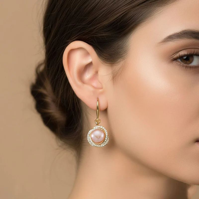 Lila Süßwasser Perle (8-10 mm), Weißer Zirkonia Ohrringe Nickelfreies Messing vergoldet