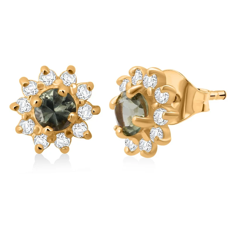D'Joy AA Grüner Saphir, Weißer Zirkon Ohrringe 925 Silber vergoldet ca. 1,30 ct.