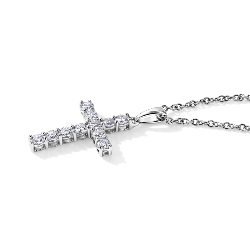 D'Joy Moissanit Kreuz Anhänger mit 50cm Edelstahl Kette, 925 Silber rhodiniert - 1.00 ct.