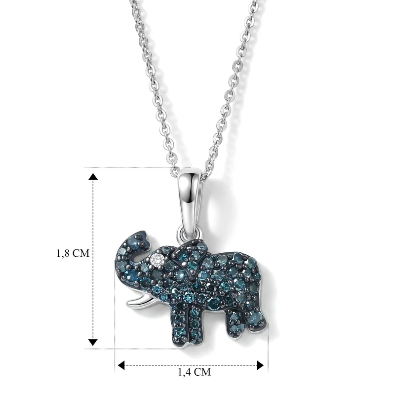 D'Joy blauer und weißer Diamant Elefant Anhänger mit 50cm Kette, 925 Silber rhodiniert - 0,36 ct.