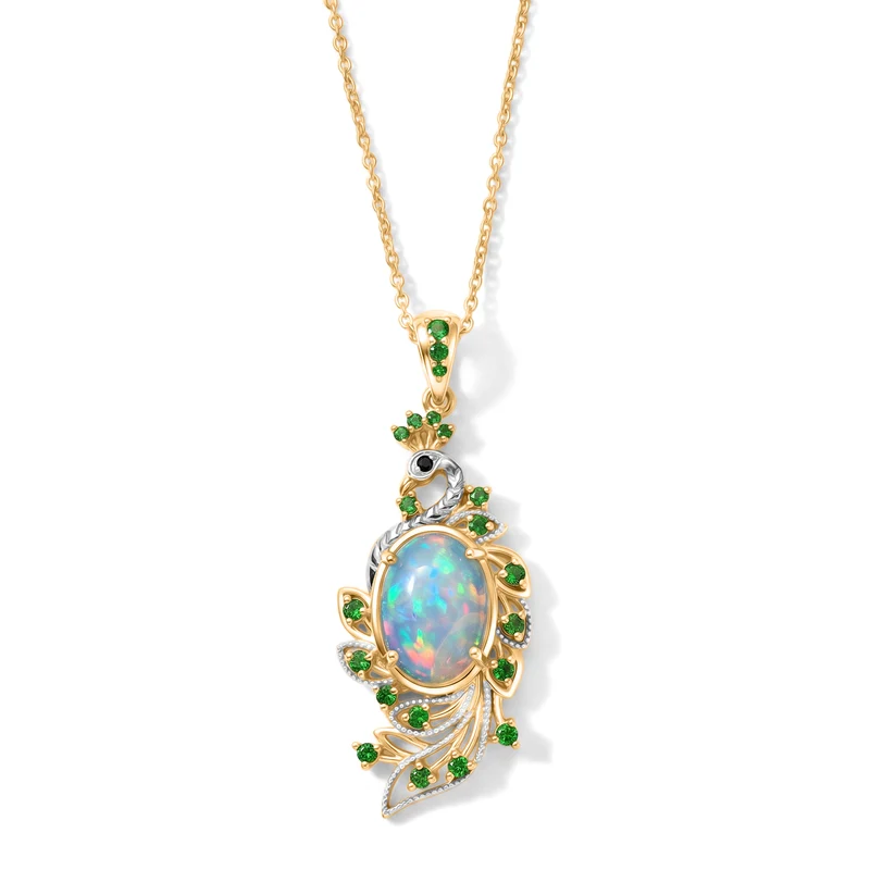 D'Joy AA natürlicher, äthiopischer Welo Opal, Chromdiopsid und schwarzer Spinell Anhänger mit 50cm Kette, 925 Silber 750 Gelbgold Vermeil - 4,67 ct.
