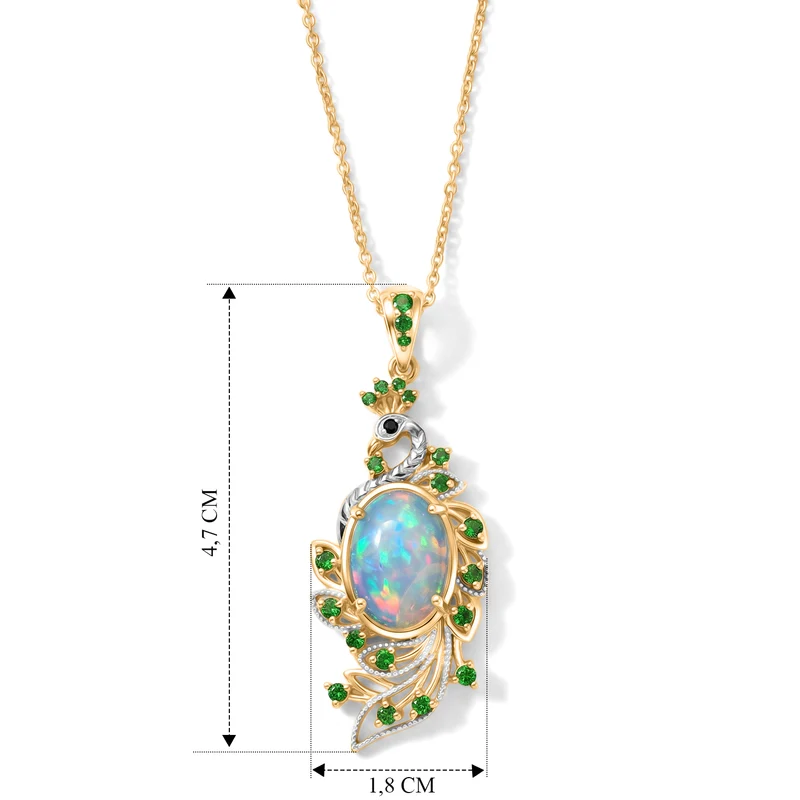 D'Joy AA natürlicher, äthiopischer Welo Opal, Chromdiopsid und schwarzer Spinell Anhänger mit 50cm Kette, 925 Silber 750 Gelbgold Vermeil - 4,67 ct.
