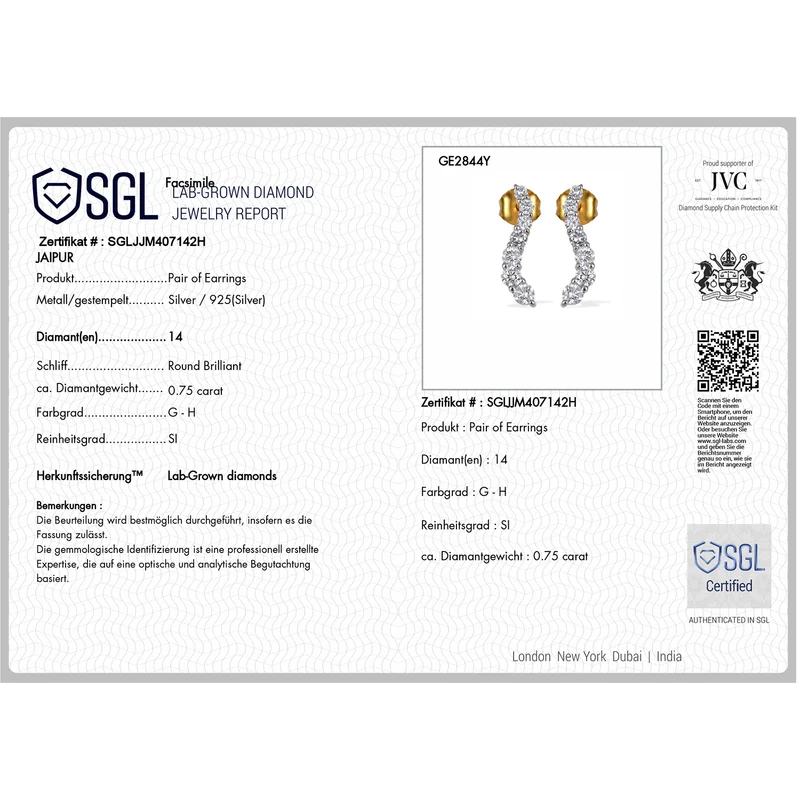 LUXURIANT 0,77 ct. SGL zertifizierte SI-GH Labor Diamant Ohrringe, 925 Silber rhodiniert