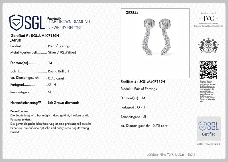 LUXURIANT 0,77 ct. SGL zertifizierte SI-GH Labor Diamant Ohrringe, 925 Silber rhodiniert