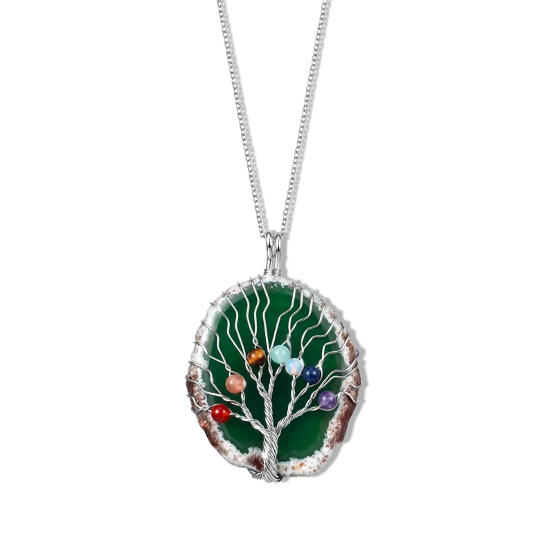 Lebensbaum Anhänger mit Kette, Roter Achat und Mehrfarbige Edelsteine, ca. 50 cm, ca. 76,00 ct