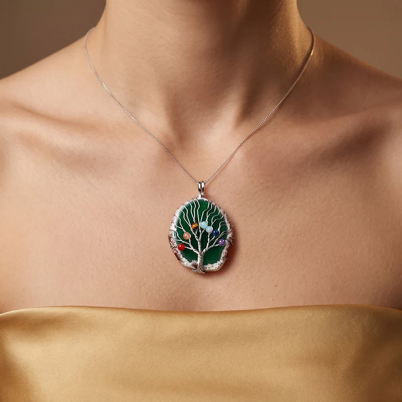 Lebensbaum Anhänger mit Kette, Roter Achat und Mehrfarbige Edelsteine, ca. 50 cm, ca. 76,00 ct