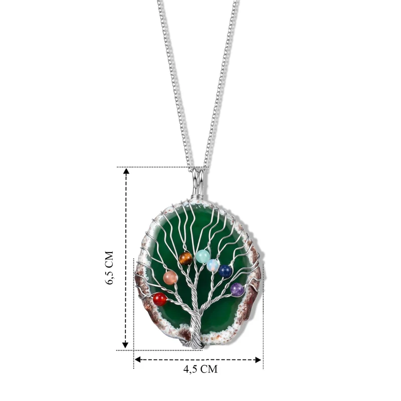 Lebensbaum Anhänger mit Kette, Roter Achat und Mehrfarbige Edelsteine, ca. 50 cm, ca. 76,00 ct