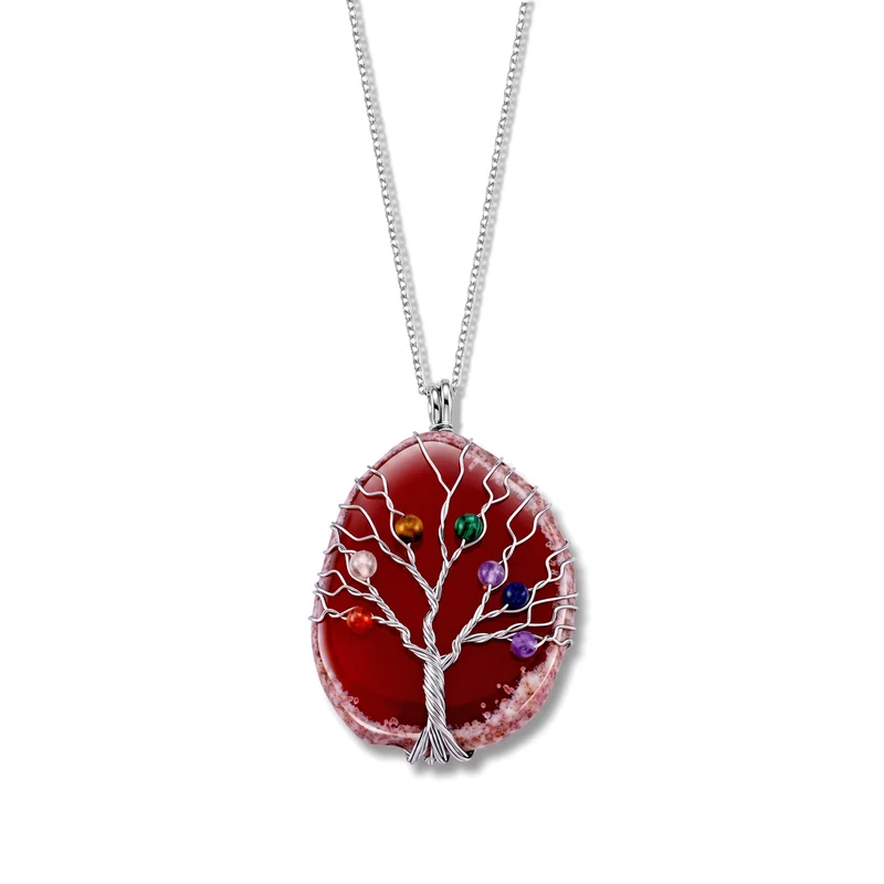 Lebensbaum Anhänger mit Kette, Roter Achat und Mehrfarbige Edelsteine, ca. 50 cm, ca. 76,00 ct