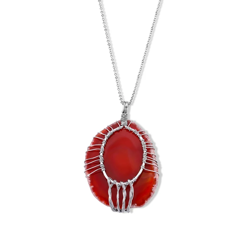 Lebensbaum Anhänger mit Kette, Roter Achat und Mehrfarbige Edelsteine, ca. 50 cm, ca. 76,00 ct