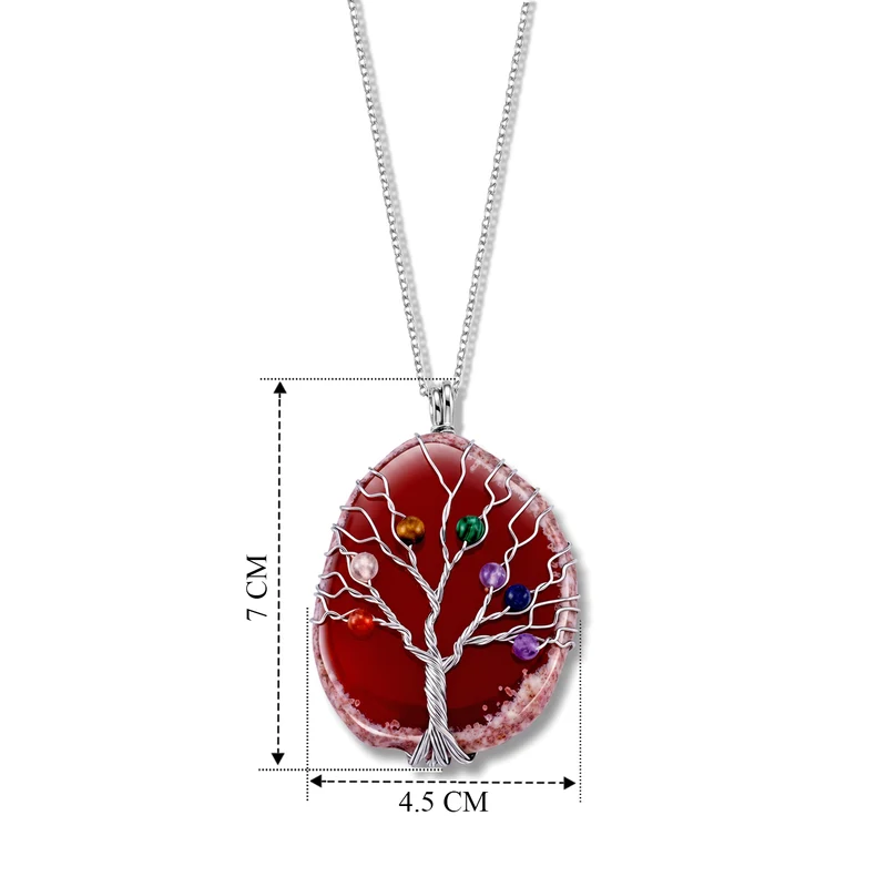 Lebensbaum Anhänger mit Kette, Roter Achat und Mehrfarbige Edelsteine, ca. 50 cm, ca. 76,00 ct